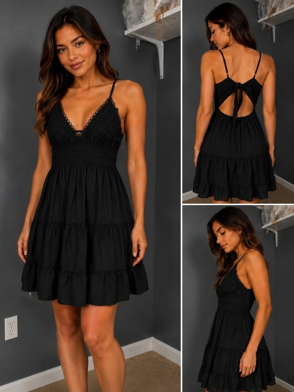 Wish Black Crochet Bodice Tiered Mini Dress